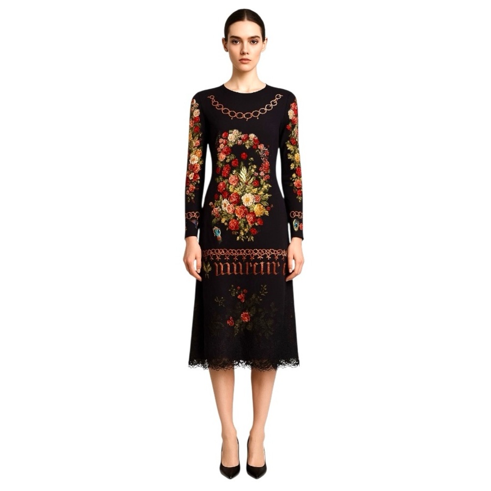 Floral Black Dress midi satin  silk